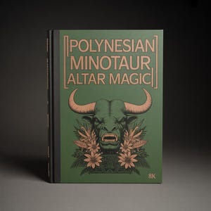 Könnte beinhalten: Hardcover-Buch mit dem Titel "Polynesian Minotaur Altar Magic". Das Cover ist grün mit kupferfarbenem Text und einer detaillierten Illustration eines Stierkopfes mit großen Hörnern und floralen Akzenten. Das Buch hat einen schwarzen Buchrücken.