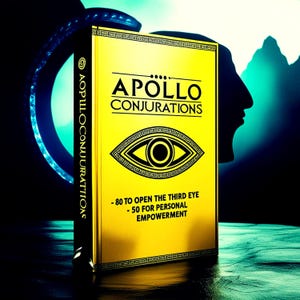 May include: A yellow book with the title "APOLLO CONJURATIONS" in black text. The book has a black and yellow eye symbol on the front cover and the text "80 TO OPEN THE THIRD EYE - 50 FOR PERSONAL EMPOWERMENT" in black text.