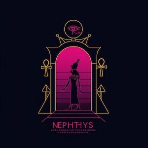 Peut inclure: Illustration graphique d'une divinité égyptienne, Nephthys, dans une arche stylisée. Le design utilise des couleurs or et rose sur fond sombre. Le texte "Nephthys" et d'autres textes sont en bas. Esthétique audacieuse.