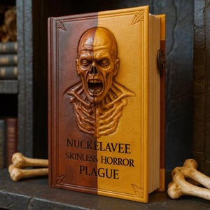 May include: A leather-bound book with a detailed embossed design of a screaming skull and ribcage. The cover is split into brown and gold sections, with the words "NUCKELAVEE SKINLESS HORROR PLAGUE" printed on the front. The book is open, revealing the pages.