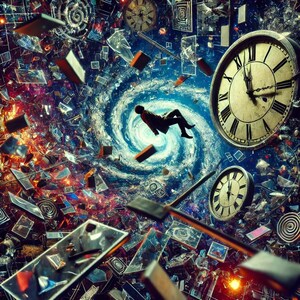 May include: An artistic depiction of a person floating in a swirling vortex of time. The image features multiple clocks, fragmented objects, and a color palette of blues, reds, and golds, creating a surreal and dynamic composition.