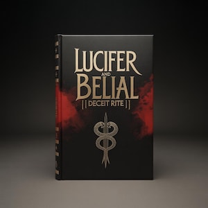 Puede incluir: Un libro de tapa dura titulado "Lucifer and Belial [Deceit Rite]" con letras doradas sobre una cubierta negra. La cubierta presenta un símbolo de serpiente y daga y detalles en rojo. El lomo tiene detalles dorados.