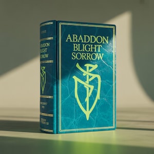 Puede incluir: Un libro de color turquesa titulado "Abaddon Blight Sorrow" con letras doradas y un emblema único. El lomo del libro también presenta letras doradas y un emblema a juego. El libro está sobre un fondo neutro.