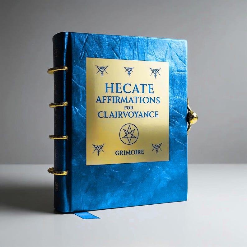 May include: A blue grimoire with gold accents and the text "HECATE AFFIRMATIONS FOR CLAIRVOYANCE". The book has a gold clasp and gold rings along the spine. A blue ribbon bookmark is visible.