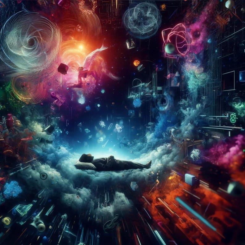 May include: An abstract digital art piece depicting a person lying on a pillow amidst swirling clouds and a vibrant cosmos. The artwork features a rich palette of colors, including blues, oranges, and purples, with geometric shapes and celestial elements.