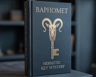 Può includere: Un libro blu scuro con scritte dorate e un disegno a chiave con testa di capra. Il titolo "BAPHOMET" è in alto, con "HERMETIC KEY MYSTERY" in basso. Il dorso ha testo in un'altra lingua.