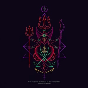 May include: A neon-style illustration of a deity with multiple arms, holding a trident and a spear. The figure is in shades of red, purple, and green, with geometric shapes and symbols. The background is dark, and text is at the bottom.