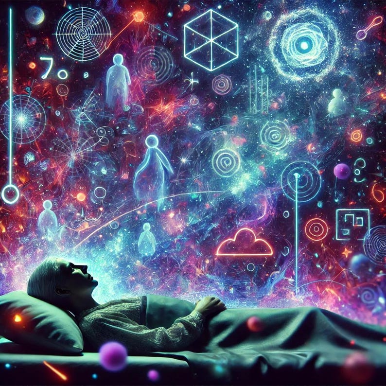 May include: An artistic depiction of a person lying in bed, surrounded by a vibrant, colorful cosmos. The image features glowing geometric shapes, figures, and swirling nebulae in shades of blue, purple, and red, creating a dreamlike atmosphere.