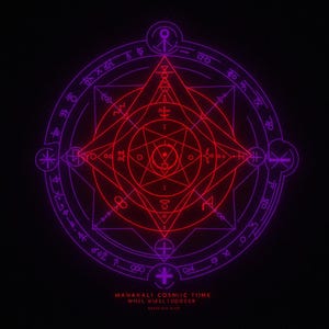 Può includere: Un disegno geometrico rosso e viola su sfondo nero. Presenta una forma a stella centrale circondata da un cerchio di simboli e testo. Il testo in basso recita "MAHAKALI COSMIC TIME" e "WHEL WIELL LUOGEER".