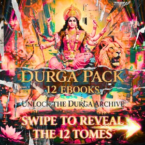 Peut inclure: Une œuvre d'art numérique vibrante représentant la déesse hindoue Durga, assise sur un lion, avec plusieurs bras tenant des armes. L'image contient le texte "Durga Pack 12 Ebooks" et "Unlock the Durga Archive".