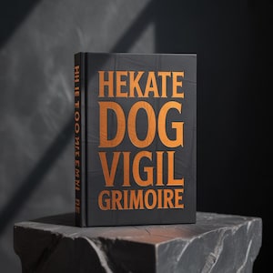 Può includere: Un libro nero con il titolo "HEKATE DOG VIGIL GRIMOIRE" in lettere color rame. Il libro è presentato su una superficie scura e strutturata, su sfondo nero. Il dorso recita "HH IE TOO MIEEMNI BE".
