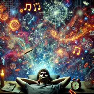 May include: A person lying on a pillow with hands behind the head, gazing upwards at a vibrant, colorful display of musical notes, geometric shapes, and swirling patterns. A lit candle and an alarm clock are on the table.