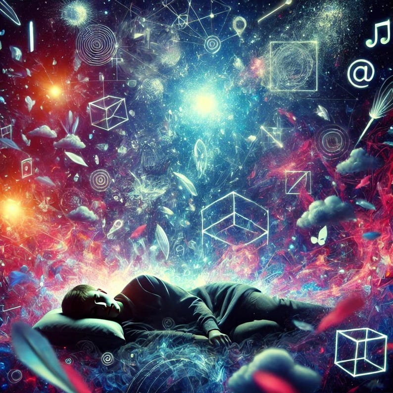 May include: A person lying down, surrounded by a vibrant, colorful cosmic scene. The image features geometric shapes, musical notes, and other symbols floating in a nebula of red, blue, and white hues, evoking a dreamlike atmosphere.