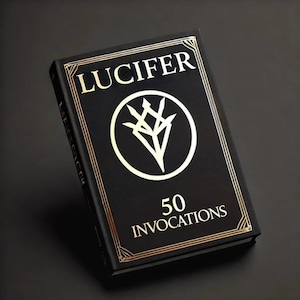 Könnte beinhalten: Ein schwarzes Buch mit goldener Umrandung und dem Titel "Lucifer 50 Invocations" auf dem Cover. Das Buch zeigt ein silbernes Symbol eines Dreiecks mit drei Spitzen.