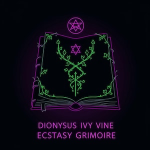 Può includere: Illustrazione al neon di un libro aperto con tralci di edera verde e un disegno a stella su sfondo nero. Il libro è delineato in viola, con un simbolo a stella viola sopra. Il testo in basso recita "DIONYSUS IVY VINE ECSTASY GRIMOIRE."