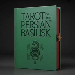 May include: A green book titled "Tarot of the Persian Basilisk" with embossed lettering. The cover features a serpent illustration and a gold-colored clasp. The book's edges are red.