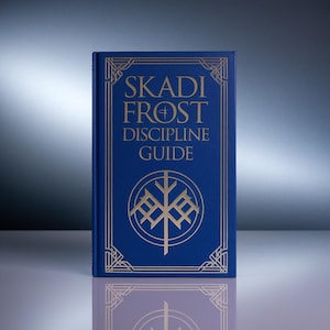 Può includere: Un libro con copertina rigida blu con il titolo "SKADI FROST DISCIPLINE GUIDE" in lettere dorate. La copertina presenta un bordo ornato e un emblema circolare. Il libro è in posizione verticale su uno sfondo sfumato.