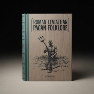 Può includere: Un libro con copertina rigida intitolato "Roman Leviathan Pagan Folklore" con una copertina effetto legno. La copertina presenta un'illustrazione nera di una figura muscolosa che tiene un tridente nell'acqua. Il dorso è verde acqua.