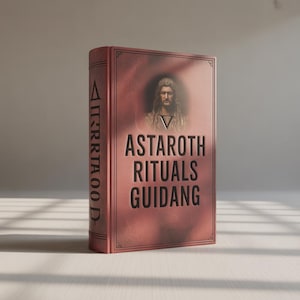 Può includere: Un libro rosso intitolato "Astaroth Rituals Guidang" con un ritratto e un triangolo rivolto verso il basso. Il dorso del libro recita "Terrtaood". Il libro è in piedi su una superficie bianca.