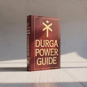 Pode incluir: Um livro de capa dura bordô com letras douradas e um símbolo na capa. O livro é intitulado "Durga Power Guide". O livro está em pé sobre uma superfície de madeira.