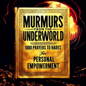 Puede incluir: Un libro dorado con el título "Murmurs from the Underworld: 1000 Prayers to Hades for Personal Empowerment".