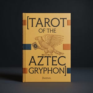 Puede incluir: Un libro dorado titulado "TAROT OF THE AZTEC GRYPHON" con una ilustración detallada de un grifo sosteniendo una carta del tarot. El libro tiene forma rectangular sobre un fondo oscuro.
