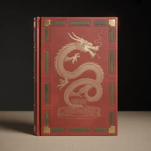 Puede incluir: Un libro rojo con una ilustración de un dragón dorado en la portada. El dragón está enrollado alrededor de una estructura circular. La portada tiene detalles rectangulares dorados y verdes. El lomo del libro es visible en el lado izquierdo.