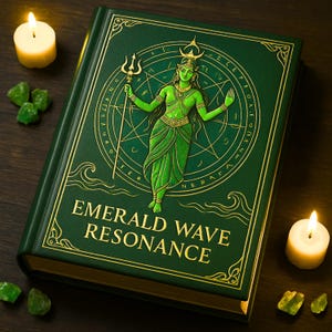 Puede incluir: Un libro verde titulado "EMERALD WAVE RESONANCE" con una ilustración dorada en relieve de una diosa sosteniendo un tridente. El libro está rodeado de velas encendidas y cristales verdes sobre una superficie de madera oscura.