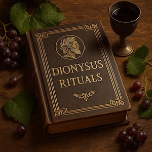 Op de afbeelding: Een gesloten, bruin lederen gebonden boek met gouden letters op de omslag die "DIONYSUS RITUALS" lezen. Op de omslag is een buste van een man met een lauwerkrans op zijn hoofd afgebeeld. Het boek is omringd door druiven en een glas rode wijn.