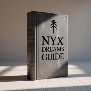 Peut inclure: Un livre gris intitulé "NYX DREAMS GUIDE" avec un symbole en relief. Le livre a une couverture et un dos texturés, avec le titre également sur le dos. Le livre est debout sur une surface en bois de couleur claire.
