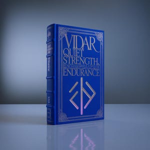 May include: A hardcover book with a blue cover and gold lettering. The title "VIDAR" is prominently displayed, along with the words "QUIET STRENGTH, ENDURANCE". The spine has the word "TRISBOK" printed vertically. The book has a decorative design.