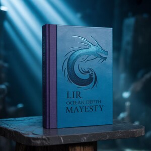 May include: A hardback book with a blue cover featuring a dragon design. The book's title, "Lir Ocean Depth Mayesty," is printed in white. The spine is purple, and the book is set against a blue background with light rays.