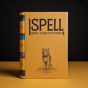 Può includere: Un libro con copertina rigida intitolato "SPELL HINDU TIGER MYSTERIES" con un'illustrazione di tigre. La copertina è giallo senape con testo nero e un'illustrazione di tigre in bianco e nero. Il dorso è blu e oro.