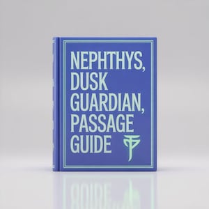 May include: A hardback book with a blue cover and the title "NEPHTHYS, DUSK GUARDIAN, PASSAGE GUIDE" in light blue lettering. The book has a light blue border and a symbol at the bottom. The book is standing upright.