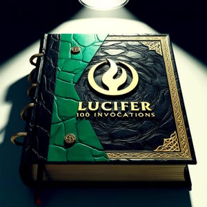 Puede incluir: Un libro encuadernado en cuero negro con detalles dorados y lomo verde. El libro tiene un emblema dorado con un diseño de llama y el texto "LUCIFER 100 INVOCATIONS".