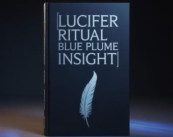 May include: A hardcover book with a dark blue cover. The title "LUCIFER RITUAL BLUE PLUME INSIGHT" is printed in silver, along with a silver feather illustration. The book is standing upright.