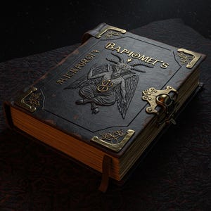 Könnte beinhalten: Ein schwarzes, ledergebundenes Buch mit goldenen Verzierungen und einer detaillierten Illustration eines geflügelten Dämons mit Hörnern und einem Pentagramm auf dem Einband. Der Titel des Buches lautet "Barhomet's  Aicheroot".