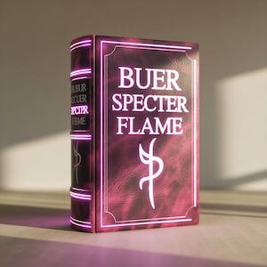 May include: A maroon book with the title "BUER SPECTER FLAME" in white lettering. The book has a glowing pink border and spine, with additional text on the spine. A white symbol is on the front cover.