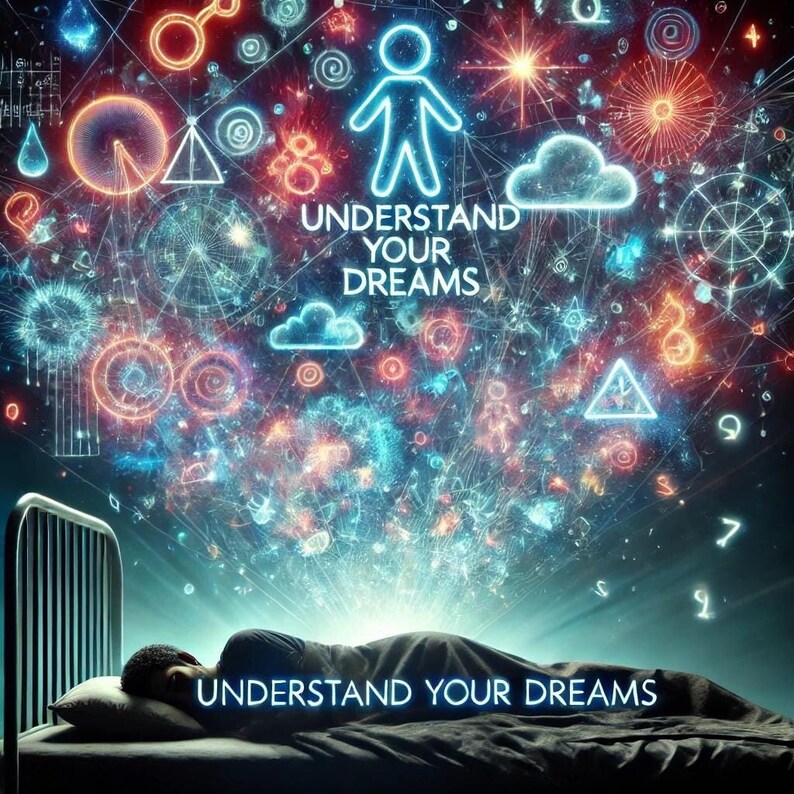 May include: A digital art piece with a person sleeping in a bed, with the text "UNDERSTAND YOUR DREAMS" displayed. Above the person, a vibrant display of neon shapes and symbols in blue, red, and orange colors. The image evokes a dreamlike atmosphere.