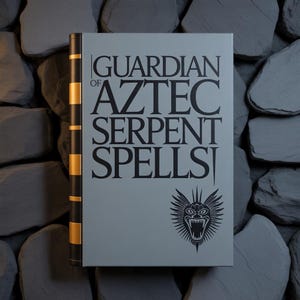 Può includere: Un libro intitolato "Guardian of Aztec Serpent Spells" con copertina grigia e testo nero. Il dorso è nero con dettagli dorati. Illustrazione di una creatura serpentina sulla copertina.