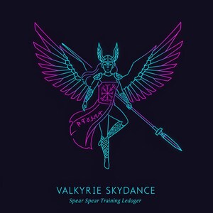 May include: A neon illustration of a Valkyrie with large wings, a spear, and a helmet, rendered in shades of blue and purple against a dark background. The text "VALKYRIE SKYDANCE" and "Spear Spear Training Ledoger" are at the bottom.