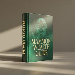 Può includere: Un libro con copertina rigida verde con lettere dorate, intitolato "Mammon Wealth Guide". La copertina presenta un'illustrazione di un uomo barbuto. Il dorso mostra "Nomio Giim" in oro.