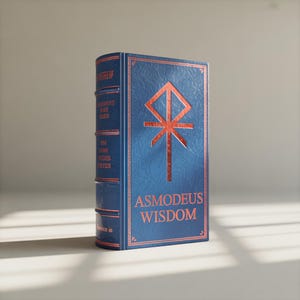 Może przedstawiać: Twarda oprawa książki w kolorze niebieskim ze złotymi literami i złotym symbolem na okładce. Widoczny jest tytuł "Asmodeus Wisdom". Grzbiet książki również zawiera tekst. Książka stoi pionowo.