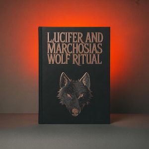 Könnte beinhalten: Ein schwarzes Buch mit dem Titel "LUCIFER AND MARCHOSIAS WOLF RITUAL" in kupferfarbenen, geprägten Buchstaben. Ein kupferfarbener Wolfskopf befindet sich unter dem Titel. Der Hintergrund ist ein orange-grauer Farbverlauf.
