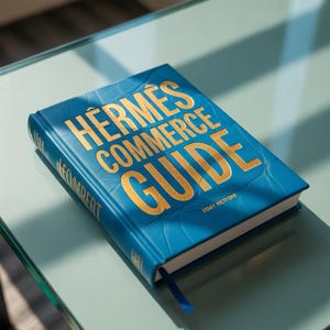 Könnte beinhalten: Ein blaues Buch mit dem Titel "HERMÈS COMMERCE GUIDE" mit goldfarbenen Buchstaben. Das Buch hat einen strukturierten Einband und ein blaues Lesezeichen. Das Buch liegt auf einer Glasoberfläche.