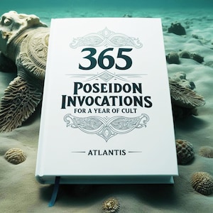May include: A white book with a blue title that reads "365 Poseidon Invocations for a Year of Cult" and the word "ATLANTIS" in smaller font below. The book is lying on a sandy surface with seashells and a white coral-like object.