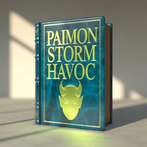 以下が含まれることがあります： 「PAIMON STORM HAVOC」というタイトルのハードカバー本。ターコイズブルーの表紙に金色の文字が施されています。表紙には、角のある悪魔の顔の金色のイラストが描かれています。本は金色の小口で、テクスチャ加工された表紙デザインです。