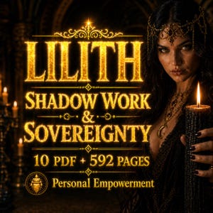 Puede incluir: Imagen promocional con la palabra "LILITH" en letras doradas, con las frases "SHADOW WORK & SOVEREIGNTY" debajo. El texto incluye "10 PDF + 592 PÁGINAS" y "Personal Empowerment". Una mujer de pelo oscuro y una vela también son visibles.