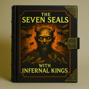 Könnte beinhalten: Ein schwarzes Buch mit dem Titel "THE SEVEN SEALS WITH INFERNAL KINGS" und einer dämonischen Illustration. Der Einband hat goldfarbene Eckakzente und einen Verschluss. Das Kunstwerk zeigt eine gehörnte Figur mit leuchtenden Augen und fliegenden Insekten.