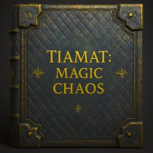 May include: A dark blue book with a gold embossed title: "TIAMAT: MAGIC CHAOS". The cover has a diamond pattern and gold accents.